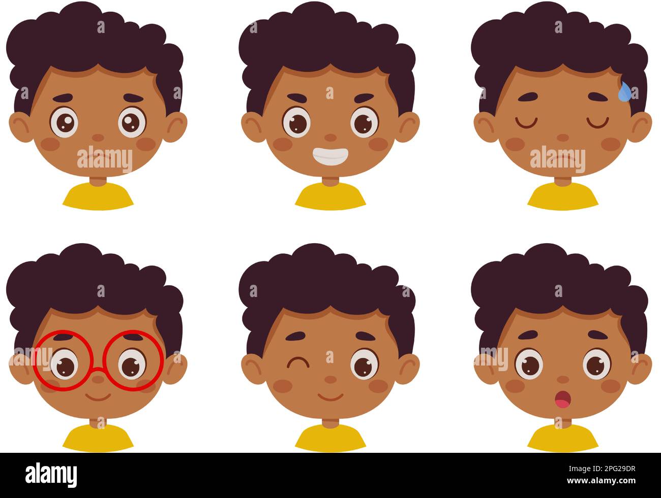 Lindo niño de dibujos animados mulatto niño en varias expresiones y