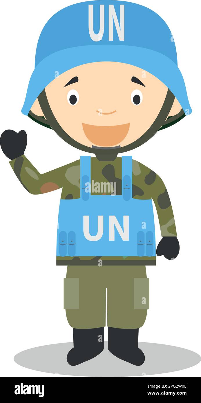 Personaje de dibujos animados soldado de las Naciones Unidas. Ilustración vectorial. Colección de historia para niños. Ilustración del Vector