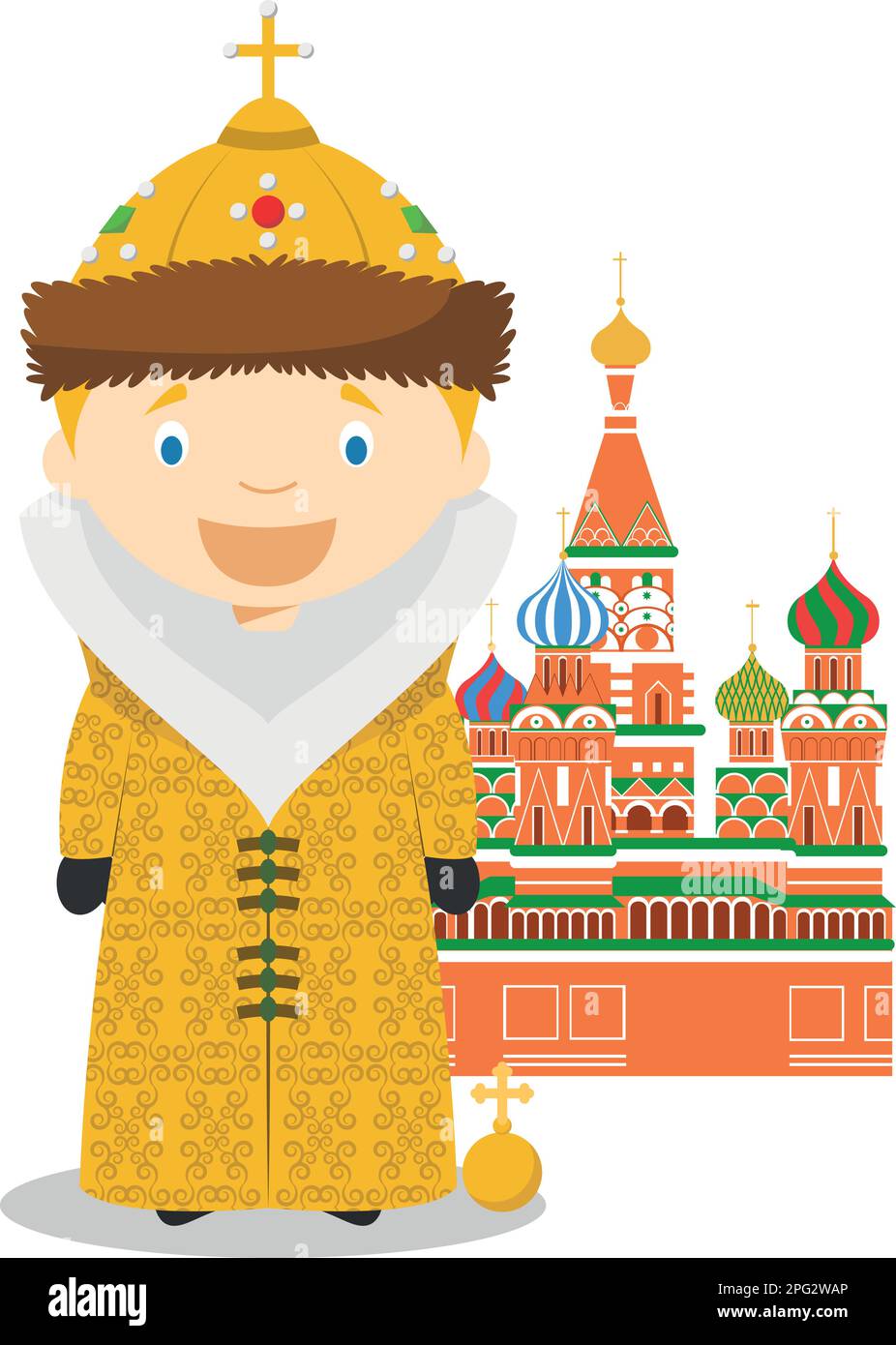 Personaje de dibujos animados del imperio ruso con la catedral de San