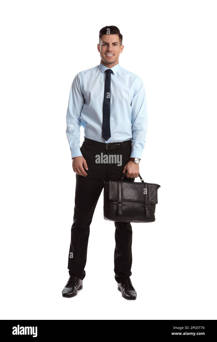 Hombre de negocios con elegante maletín de cuero sobre fondo blanco Foto de stock