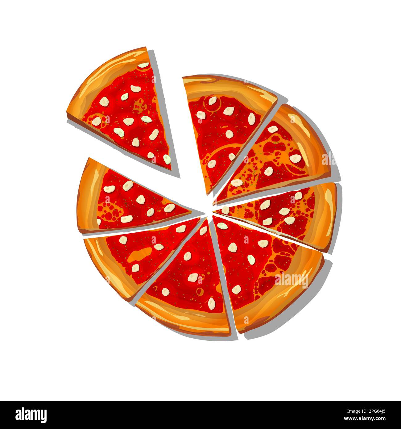 Dibujos animados de Marinara Pizza en rebanadas sobre fondo blanco, ilustración vectorial