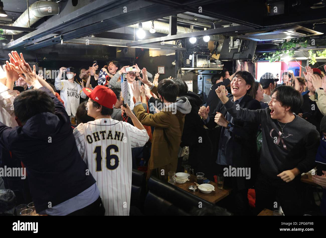 Japanese baseball fans celebrate during the World Baseball Classic (WBC