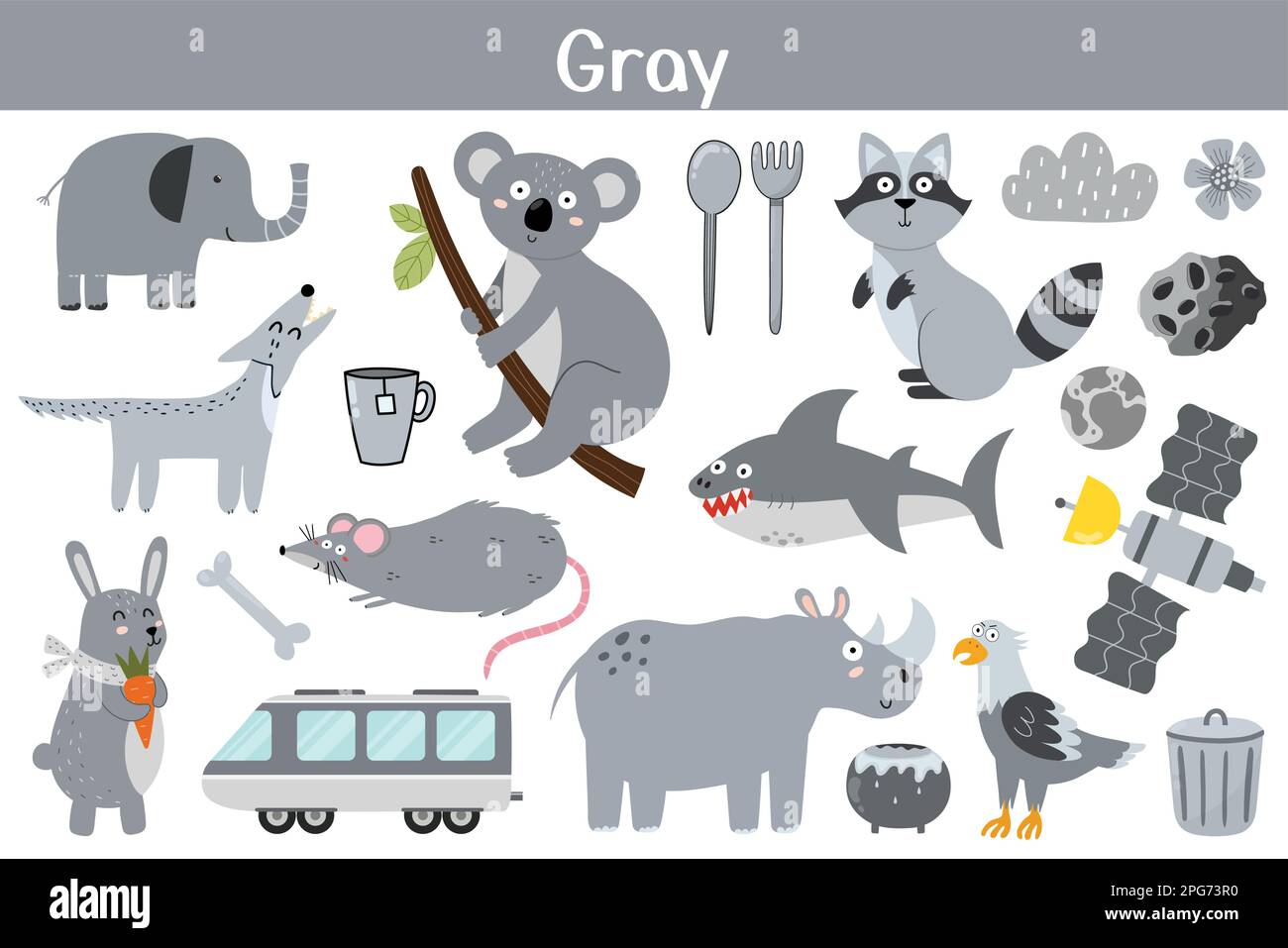 Objetos de color gris definidos. Aprendiendo colores para niños. Linda  colección de elementos Imagen Vector de stock - Alamy