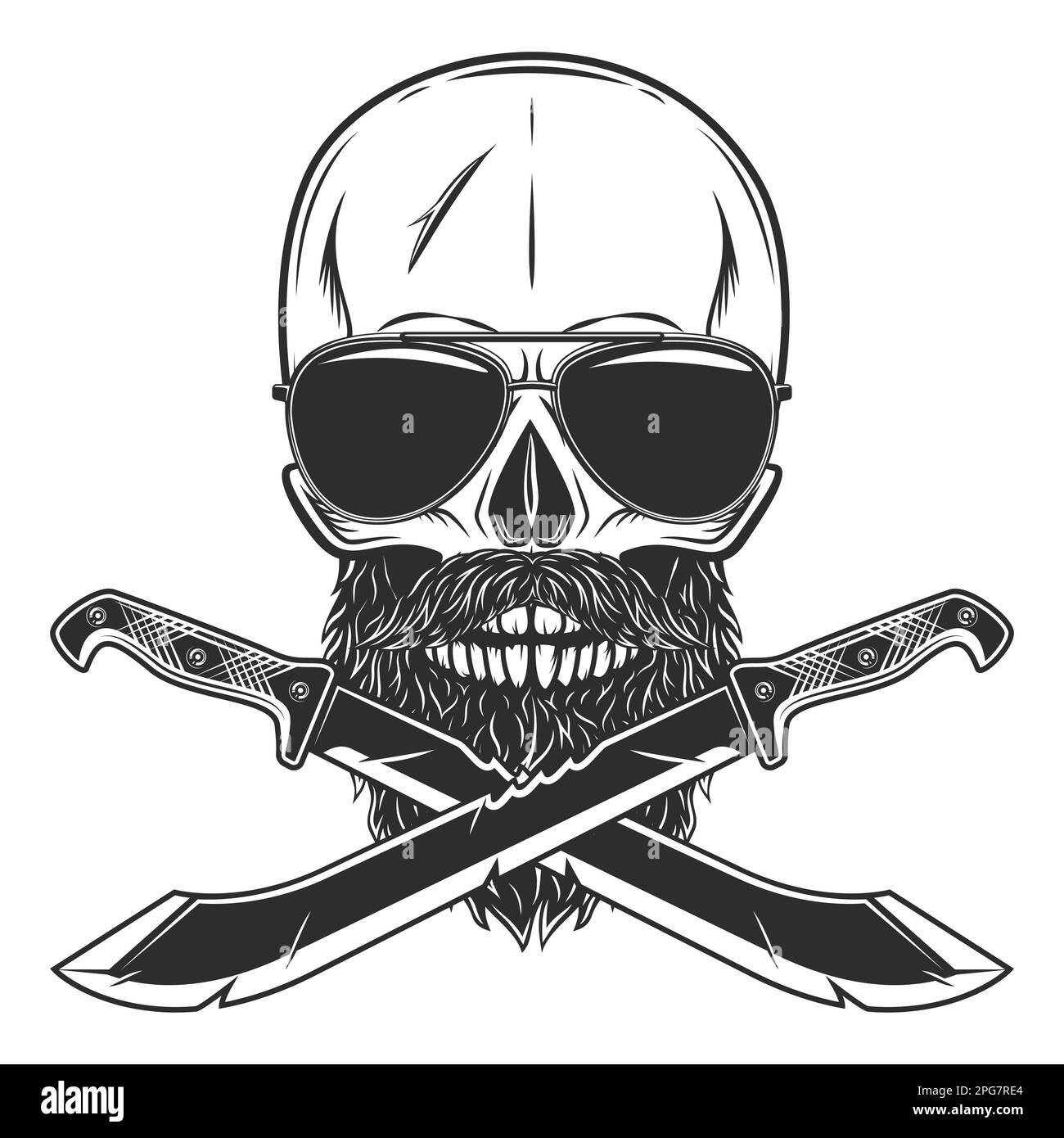 Cráneo en gafas de sol con barba y bigote con machete cruzado cuchillo afilado arma cuerpo a cuerpo de cazador en la selva. Blanco y negro Foto de stock