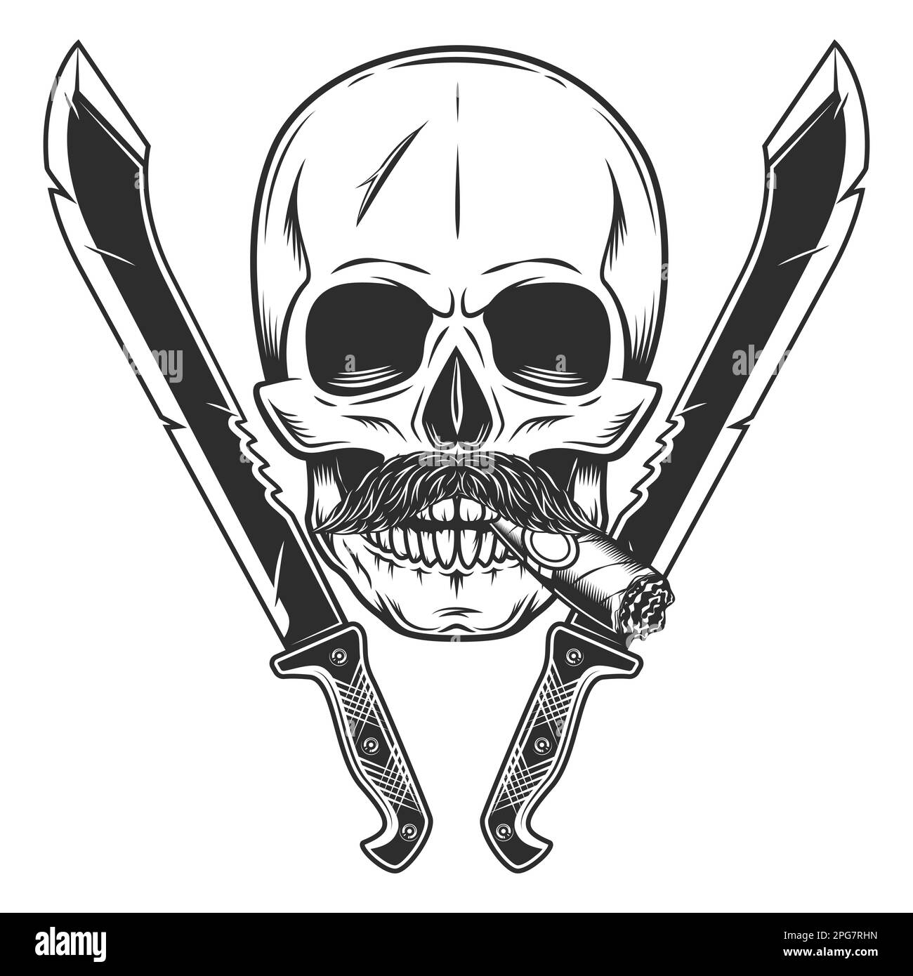 Cráneo fumando cigarro o cigarrillo con bigote y machete cruzado cuchillo afilado arma cuerpo a cuerpo del cazador en la selva. Blanco y negro Foto de stock