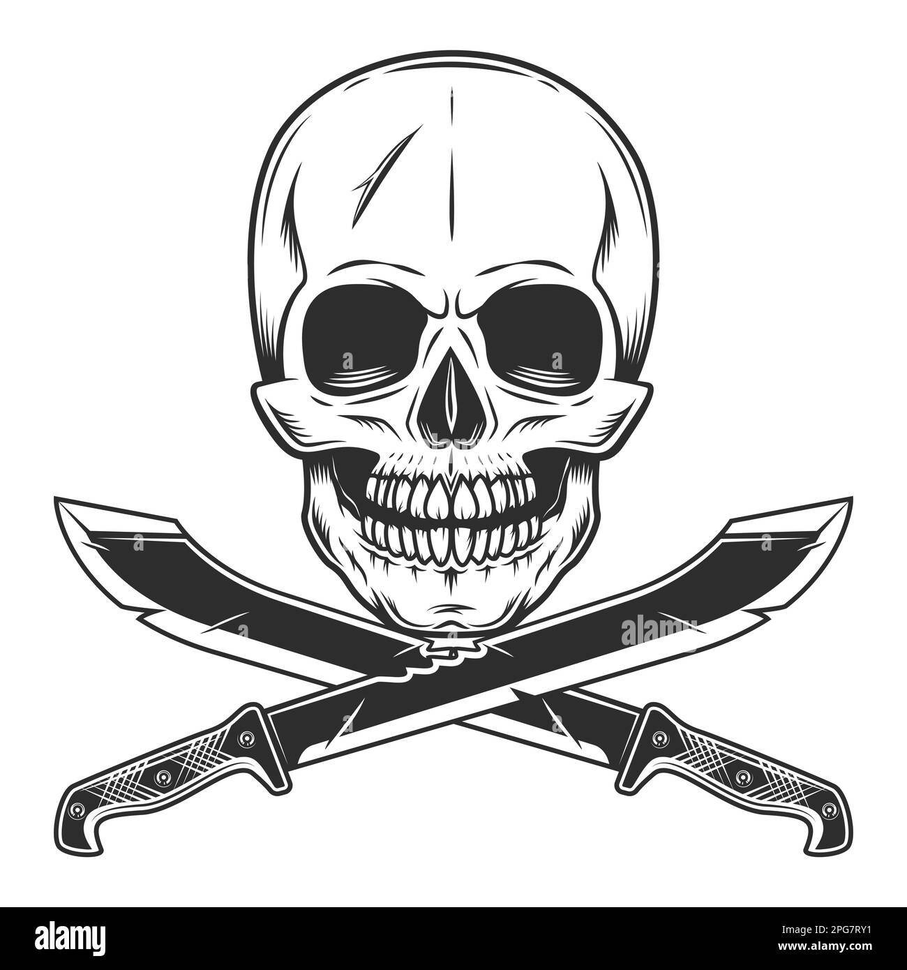 Cráneo con machete cuchillo afilado arma cuerpo a cuerpo del cazador en la selva. Blanco y negro aislado sobre fondo blanco Foto de stock