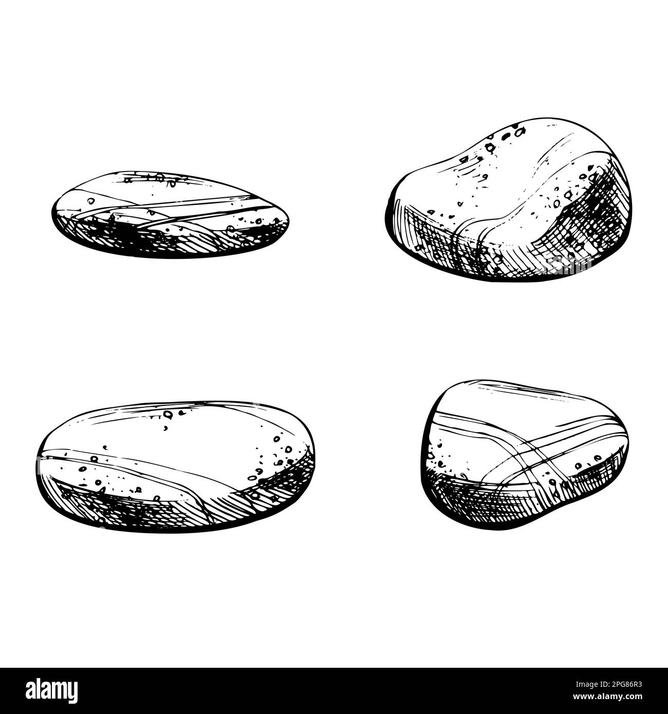 Guijarros, piedras de varias formas. Ilustración dibujada a mano en