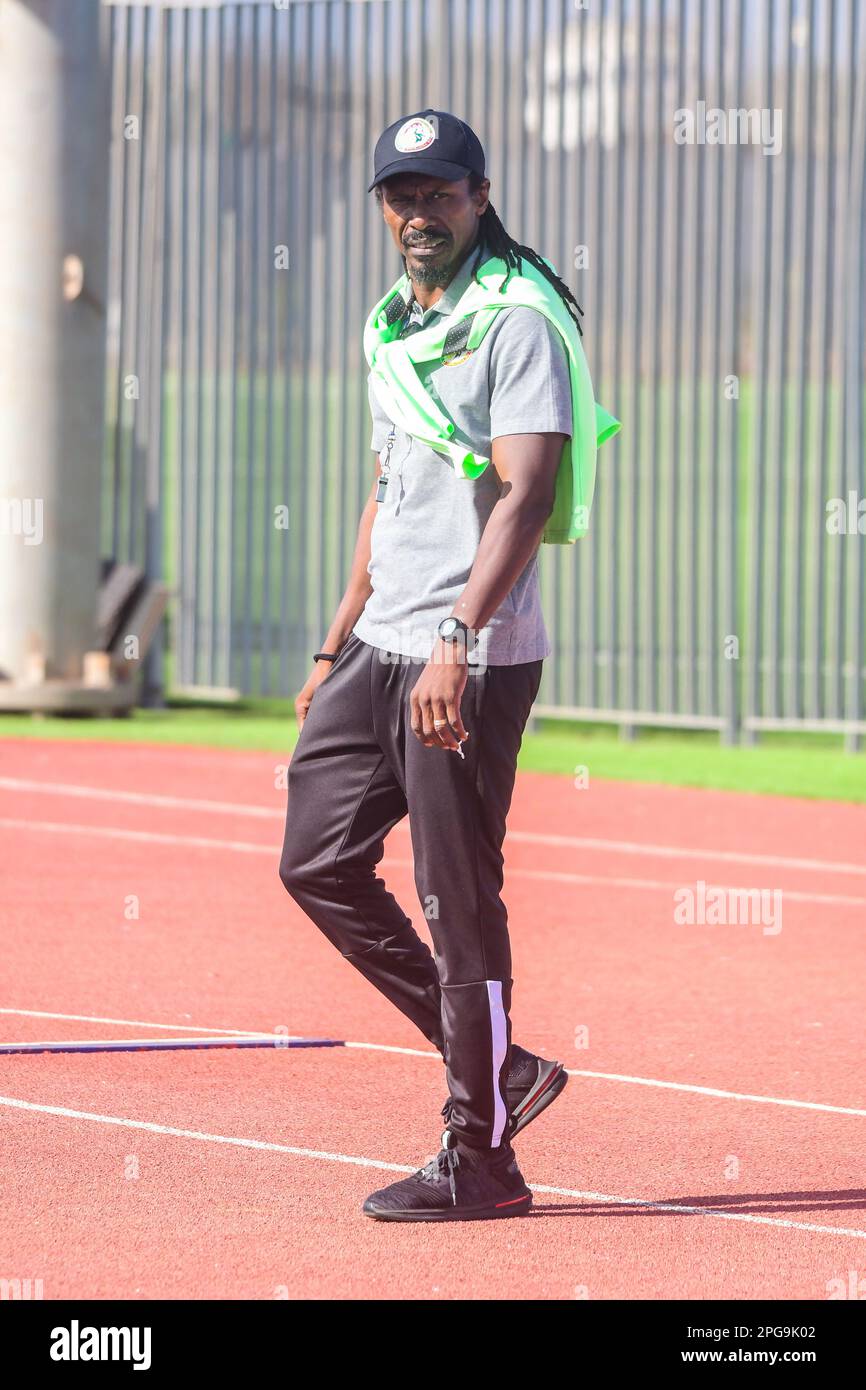 El entrenador Aliou Cissé de Senegal durante una sesión de entrenamiento en preparación para el partido de clasificación de la Copa Africana de Naciones (AFCON) contra Mozambique en el Stade du Sénégal - Abdoulaye Wade. Dakar, Senegal. Foto de stock