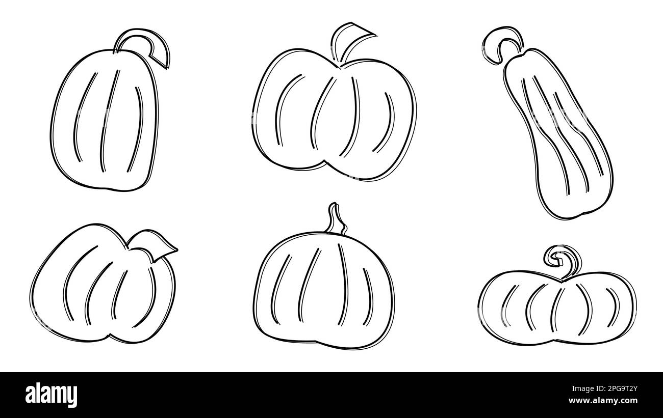 Conjunto de simples iconos de doodle dibujados a mano lineal con calabazas de otoño. Objetos, elementos, imágenes prediseñadas, pegatinas para Acción de Gracias y Halloween. Calabaza linda Ilustración del Vector