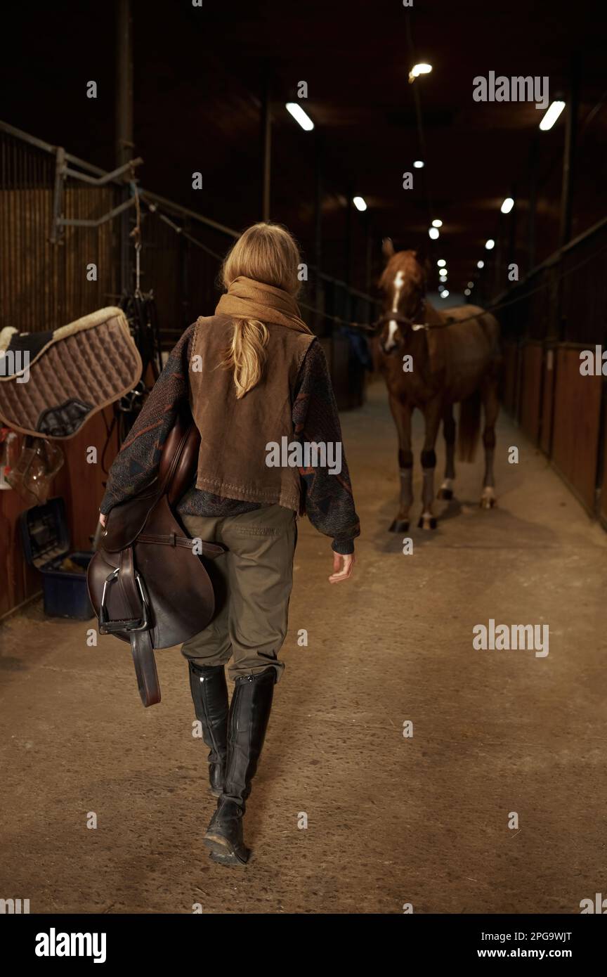 Vista desde atrás en la mujer de caballos caminando con silla de montar en la mano Foto de stock
