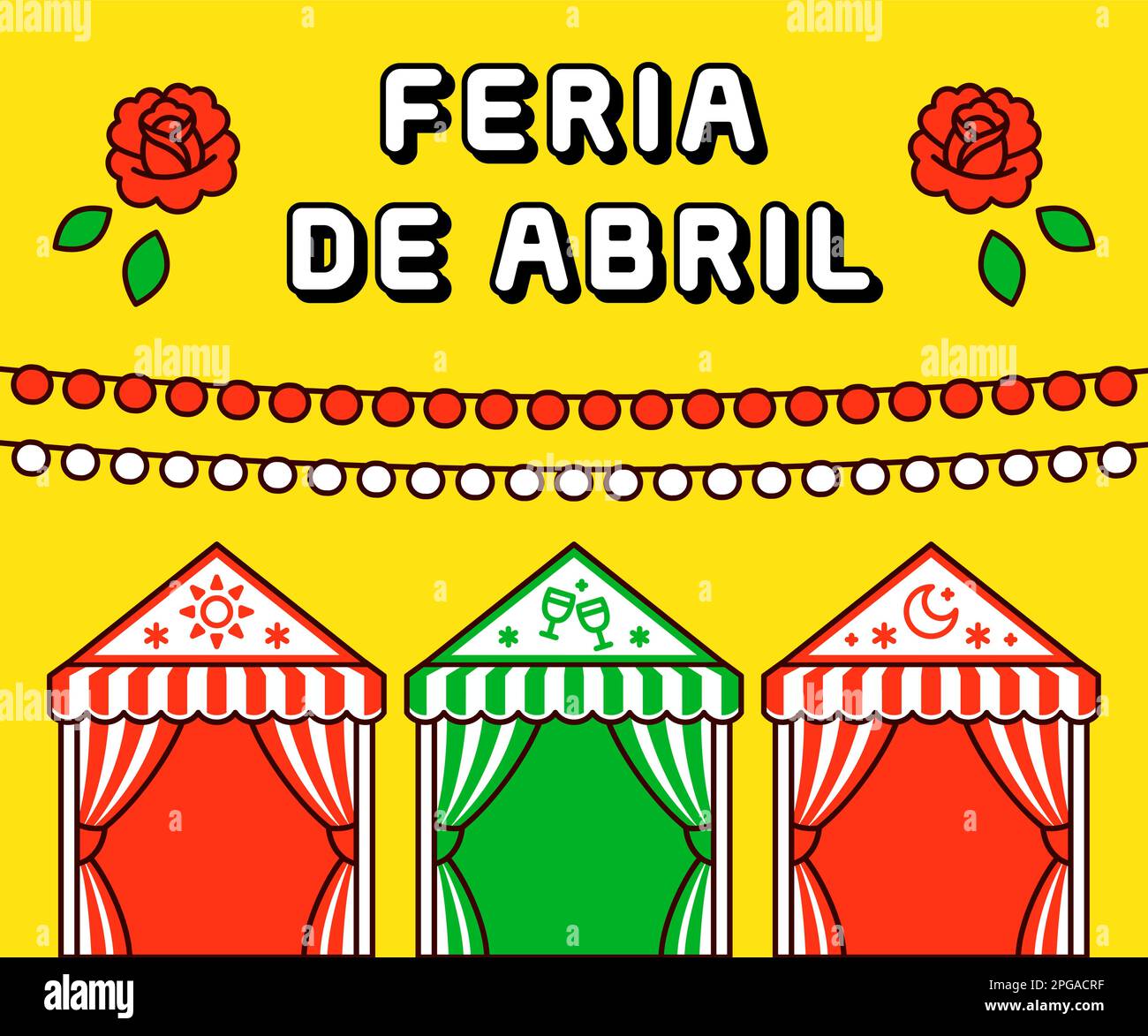 Feria de Abril Fiesta tradicional en Sevilla, España. Cartel plano de diseño de dibujos animados