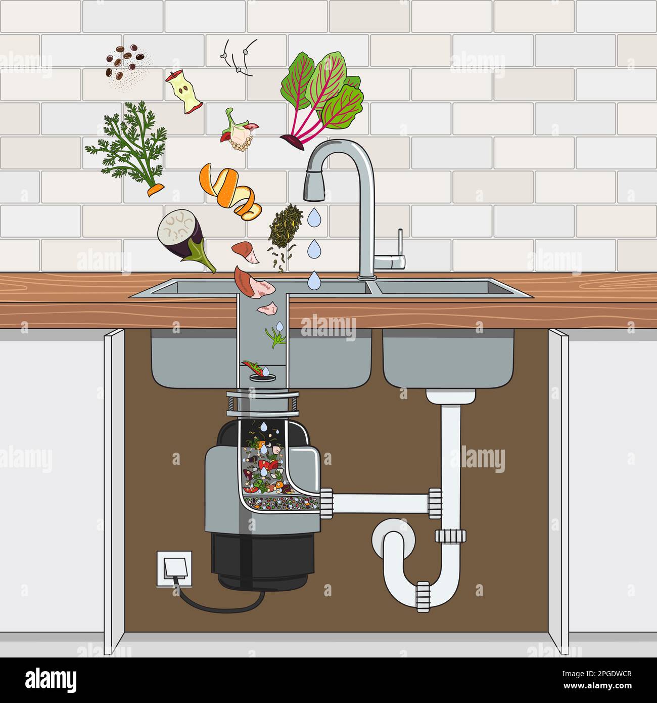 Triturador de residuos de alimentos instalado debajo del fregadero de la cocina con restos cayendo en él. Eliminación de basura en casa. Interior de la cocina. Reciclaje de residuos orgánicos. Cero w Ilustración del Vector