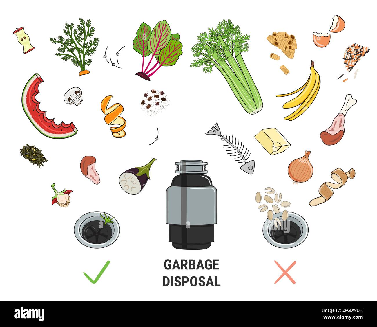 Infografía del eliminador de residuos de alimentos para el fregadero de la cocina del hogar con restos de cocina que caen en él. Lo que puedes tirar a la basura. Reciclaje de orga Ilustración del Vector