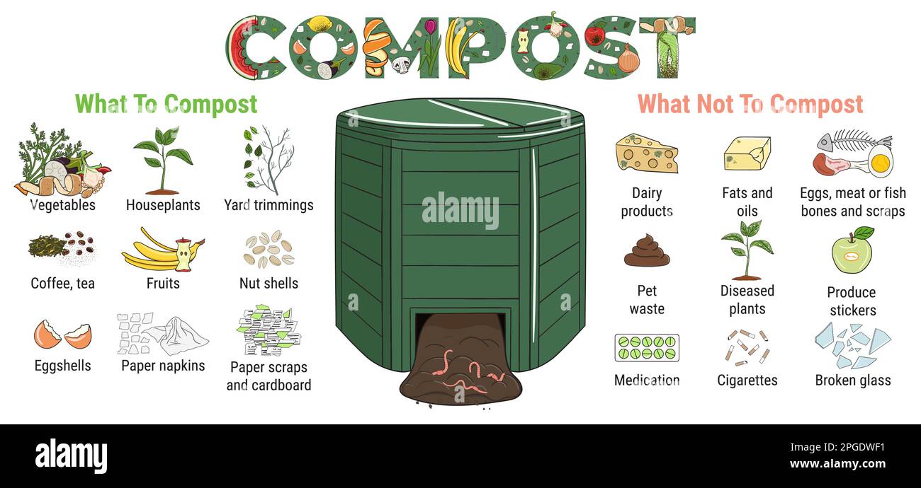Infografía de contenedor de compostaje de jardín con restos. Qué hacer