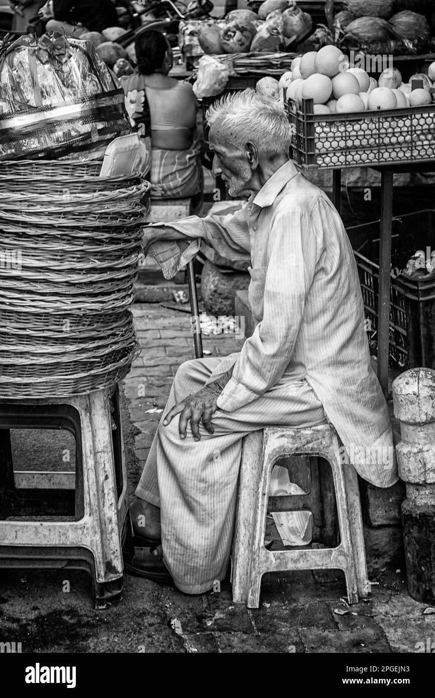 Un anciano que vende verduras en la calle. India. Foto de stock