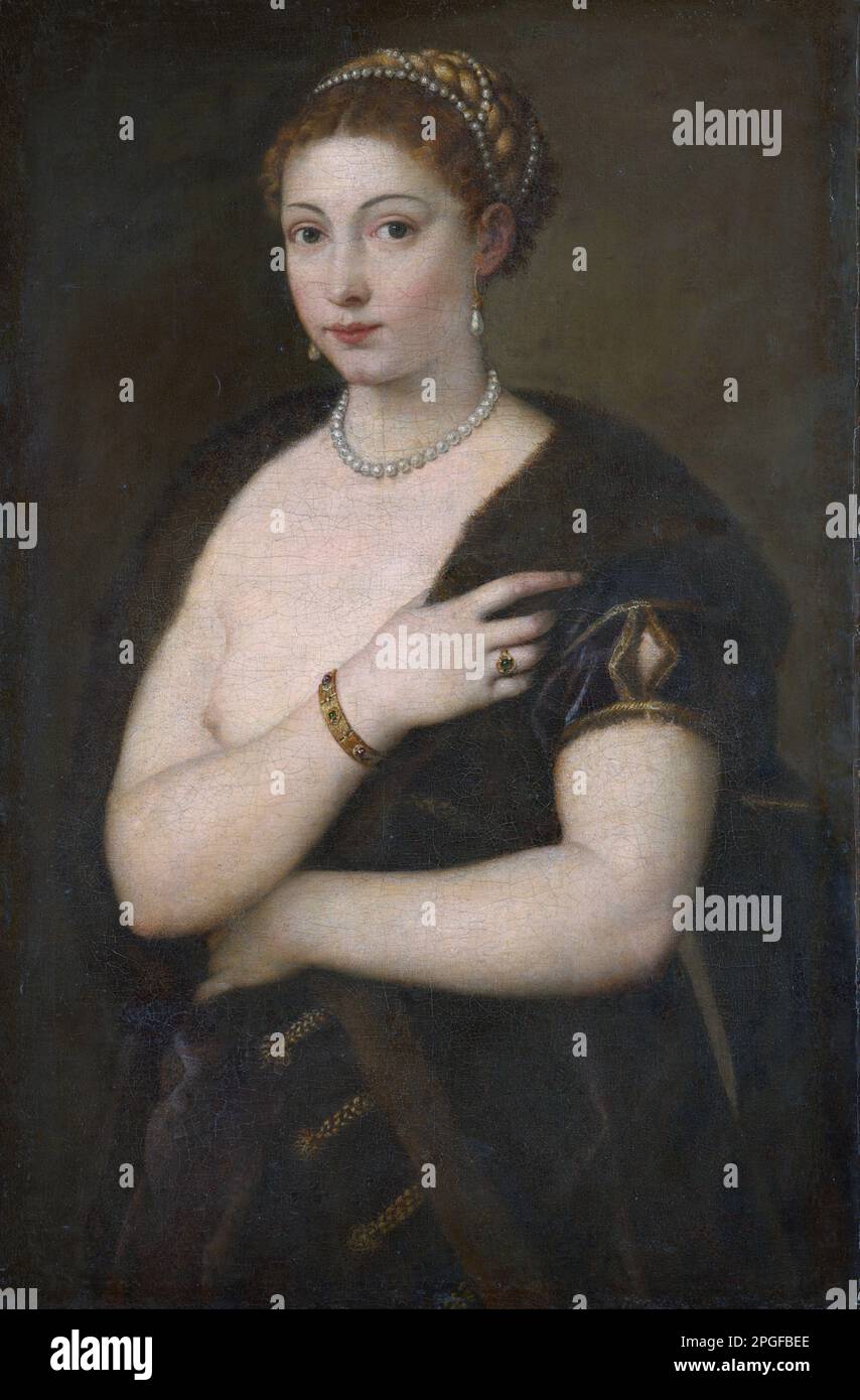 Chica en una piel (1530 - 1540) por Tiziano Foto de stock