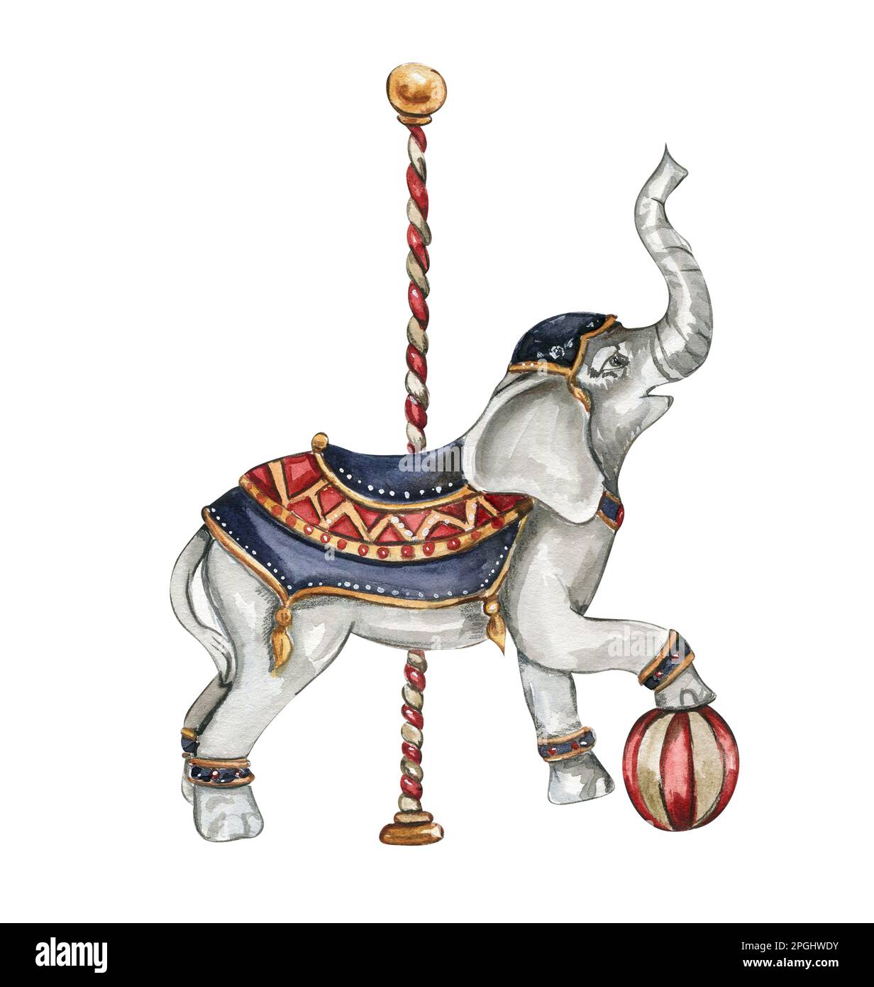 Acuarela dibujado a mano elefante de circo estilo vintage. Un dibujo de un elefante con una bola roja. Perfecto para bodas, invitaciones, blogs, tarjetas Foto de stock