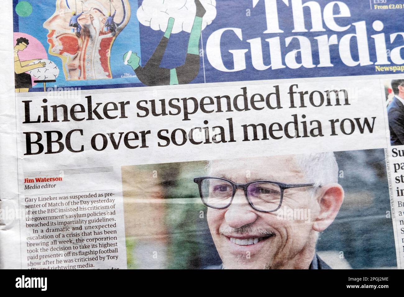 'Lineker suspendido de la BBC por la fila de las redes sociales' titular del periódico Guardian primera página Artículo de la BBC 11th de marzo de 2023 Londres Reino Unido Foto de stock