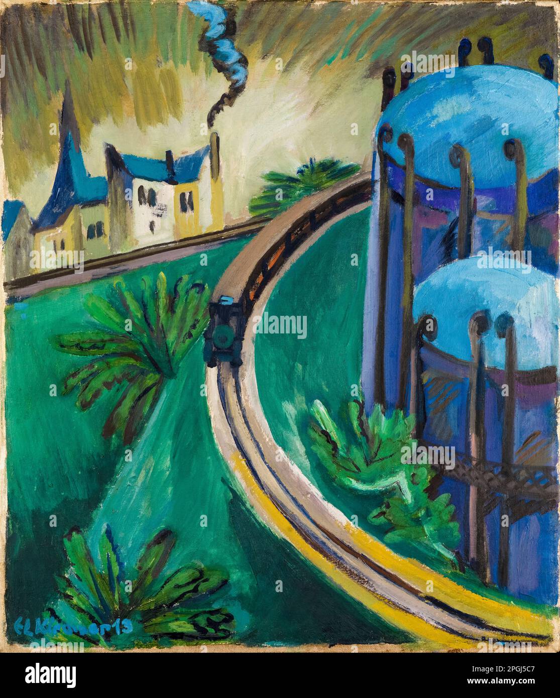 Ernst Ludwig Kirchner, Caldera de gas y ferrocarril suburbano, pintura al óleo sobre lienzo, 1914 Foto de stock