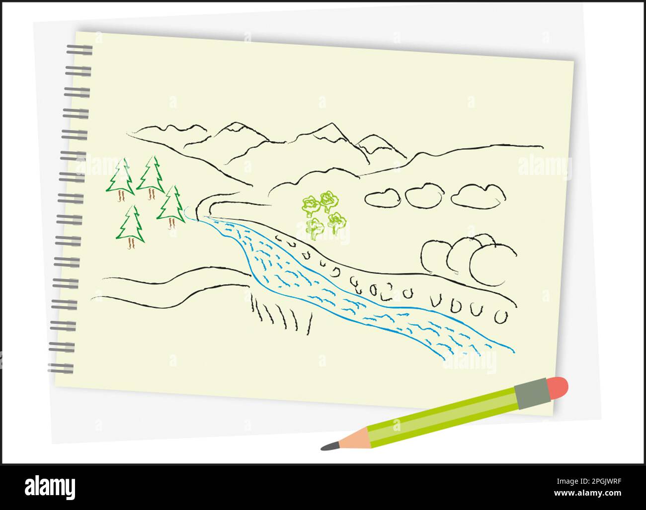 Boceto de campo de un paisaje y un lápiz Foto de stock