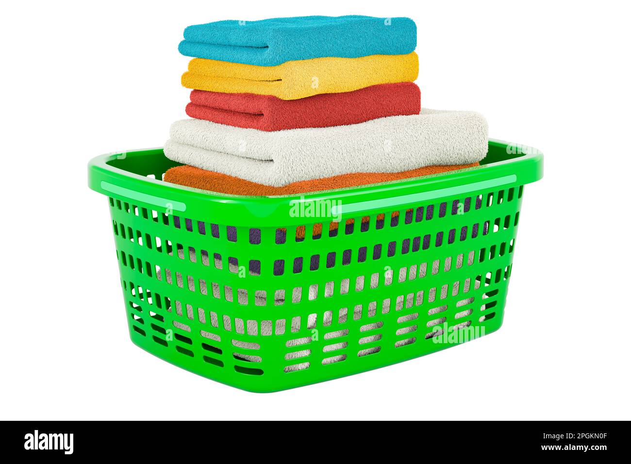 Cesta de lavandería, cesta con ropa limpia y toallas, representación 3D  aislado sobre fondo blanco Fotografía de stock - Alamy