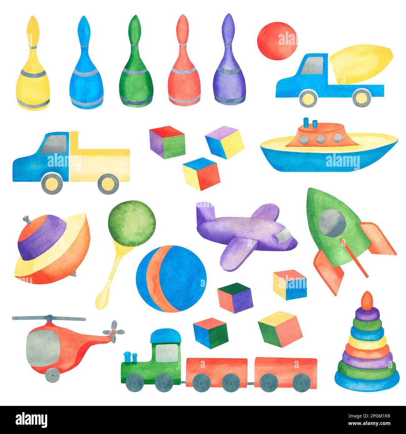 Juguetes para niños. Ilustración de acuarela de un conjunto de juguetes  para niños. Ilustración para niños. Aislado sobre fondo blanco. Adecuado  para tarjetas postales Fotografía de stock - Alamy