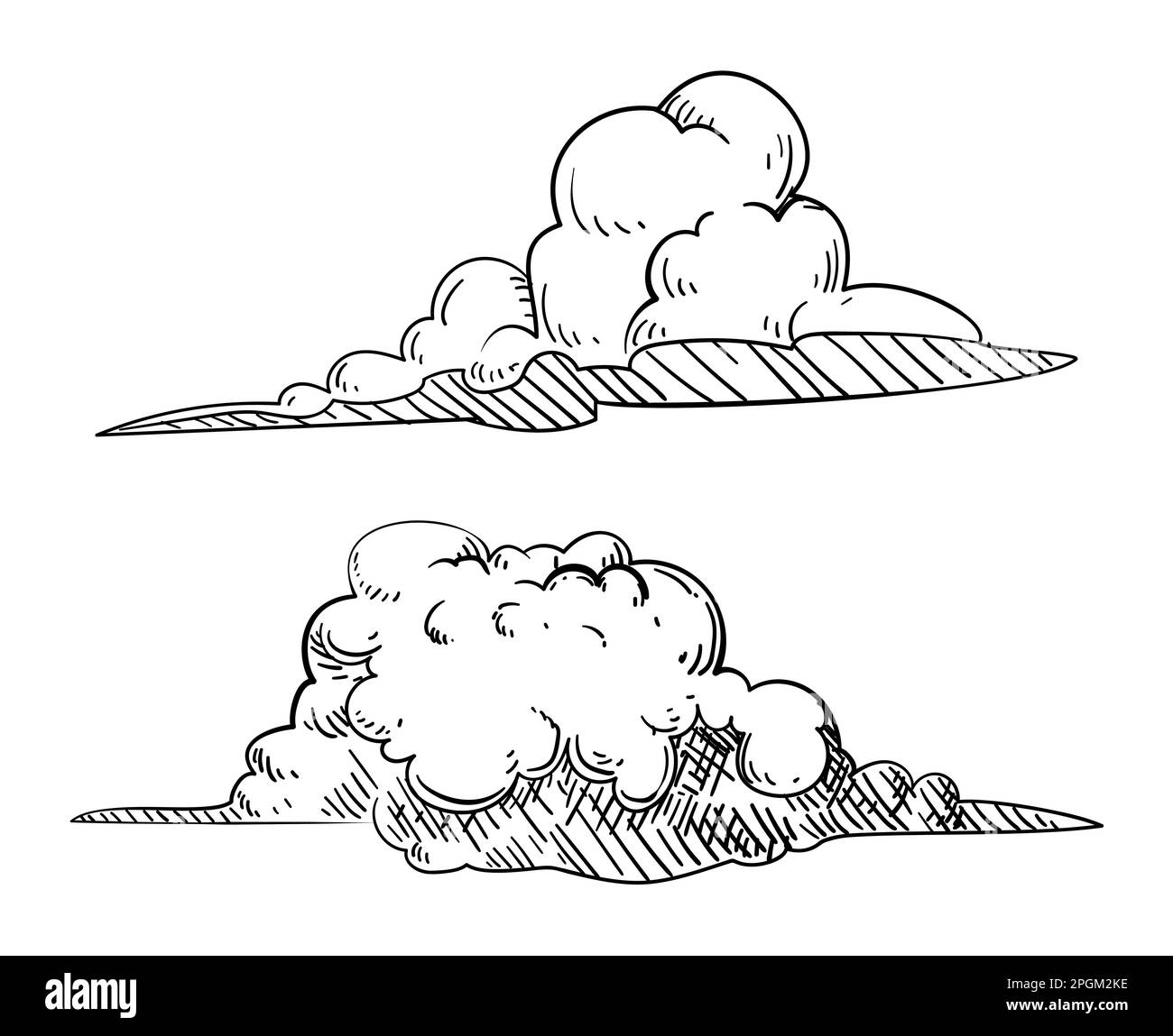 Par de nubes de cúmulos en estilo dibujado a mano sobre fondo blanco. Ilustración del Vector