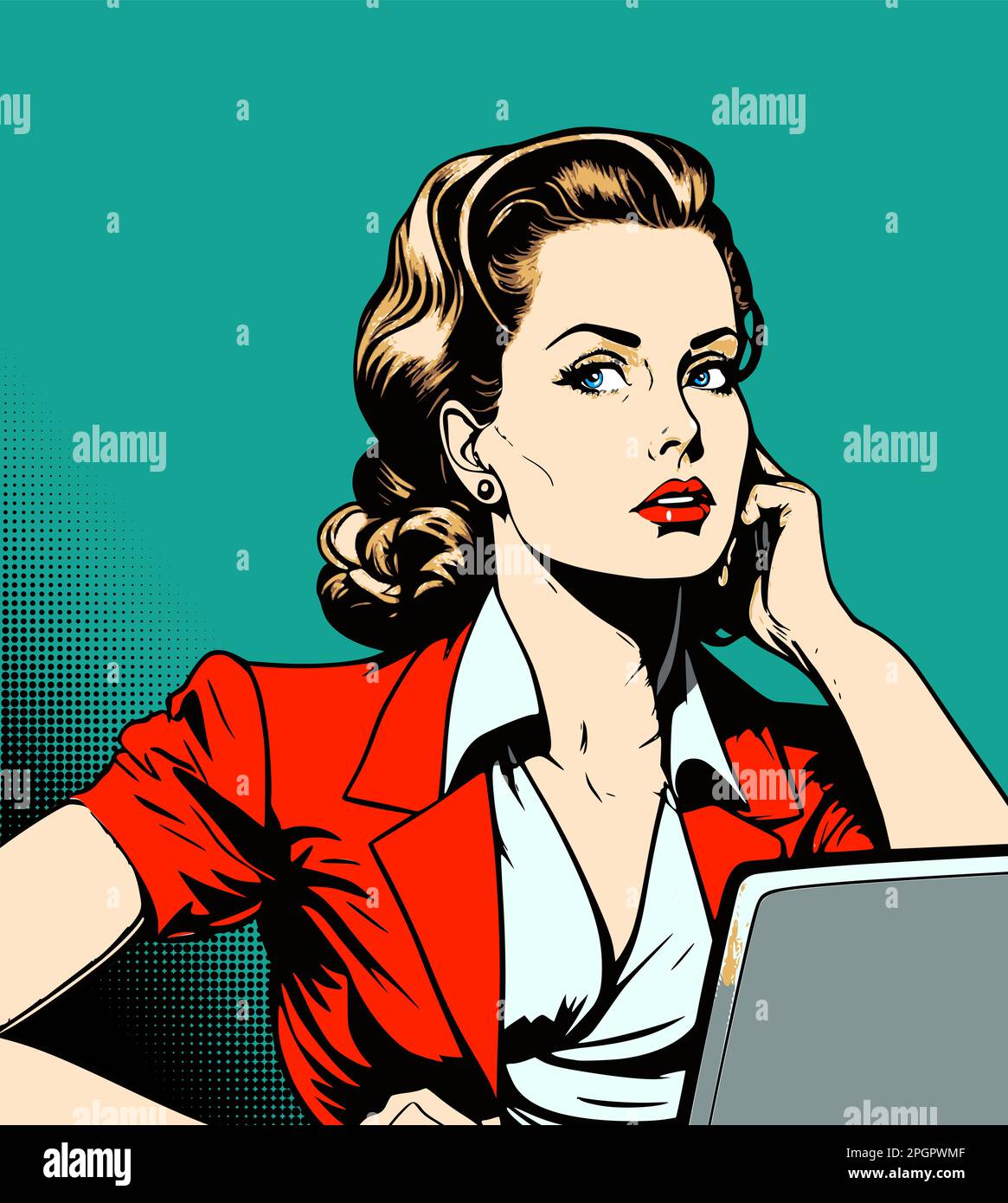 Mujer con el ordenador portátil hablando por teléfono. Mujer de negocios en el estilo de los cómics o del pop-art que trabaja en la oficina. Ilustración del Vector