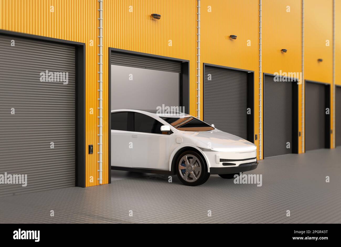 3d rindiendo ev coche o vehículo eléctrico en garaje Foto de stock