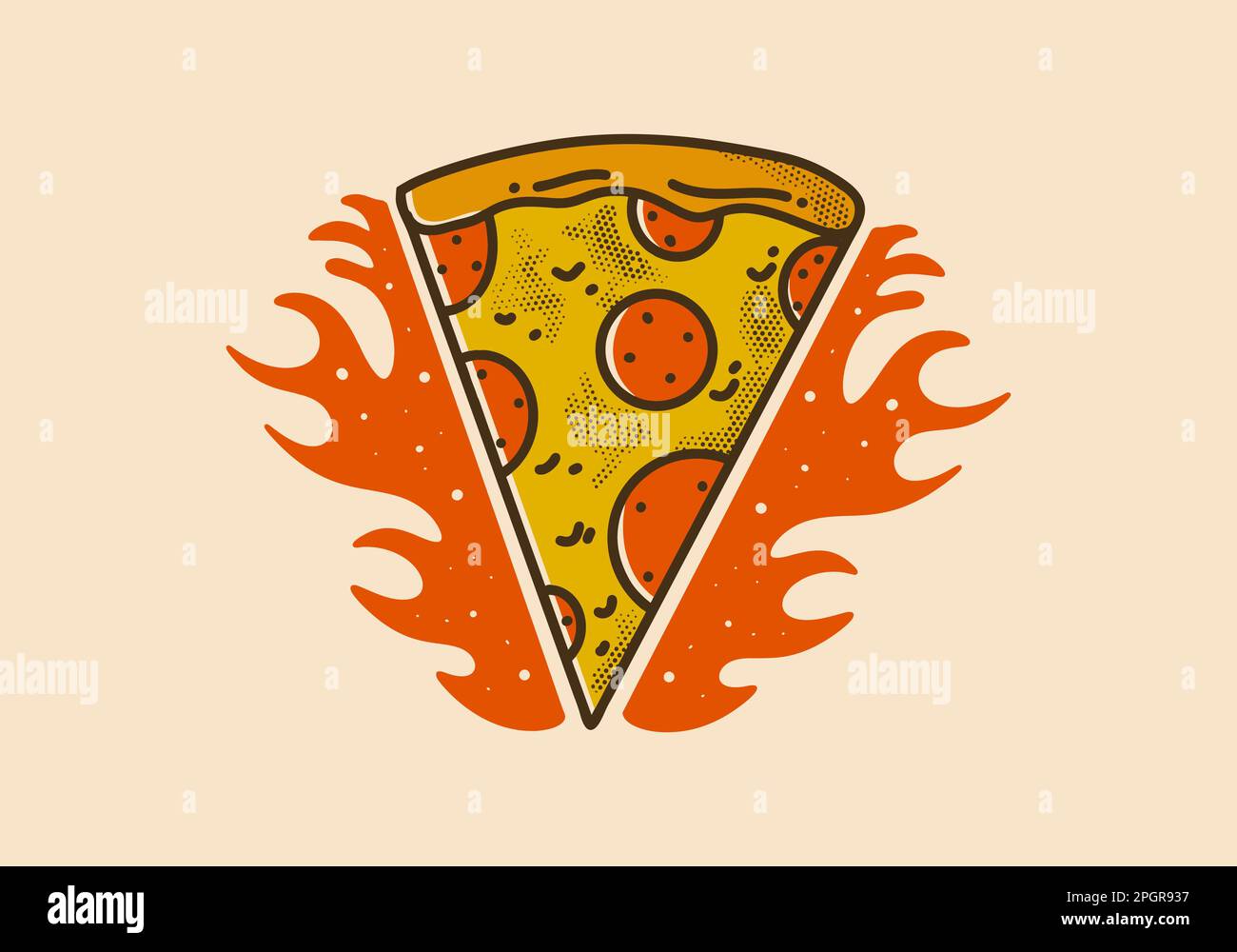 Diseño de ilustración de arte vintage de rebanada de pizza con llamas de fuego Ilustración del Vector