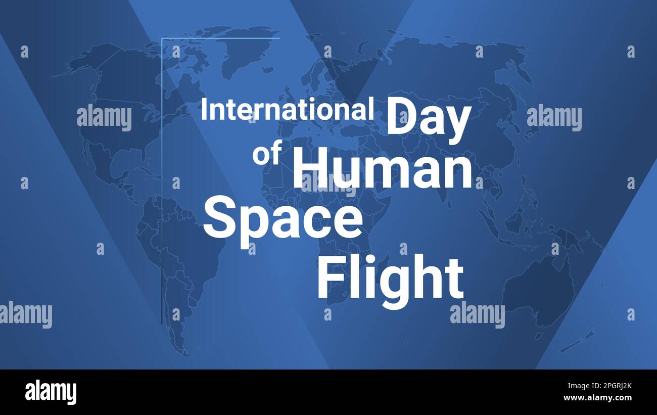 Tarjeta de vacaciones del Día Internacional del Vuelo Espacial Humano. Póster con mapa de tierra, fondo de líneas de gradiente azul, texto blanco. Banner de diseño de estilo plano. VEC Ilustración del Vector
