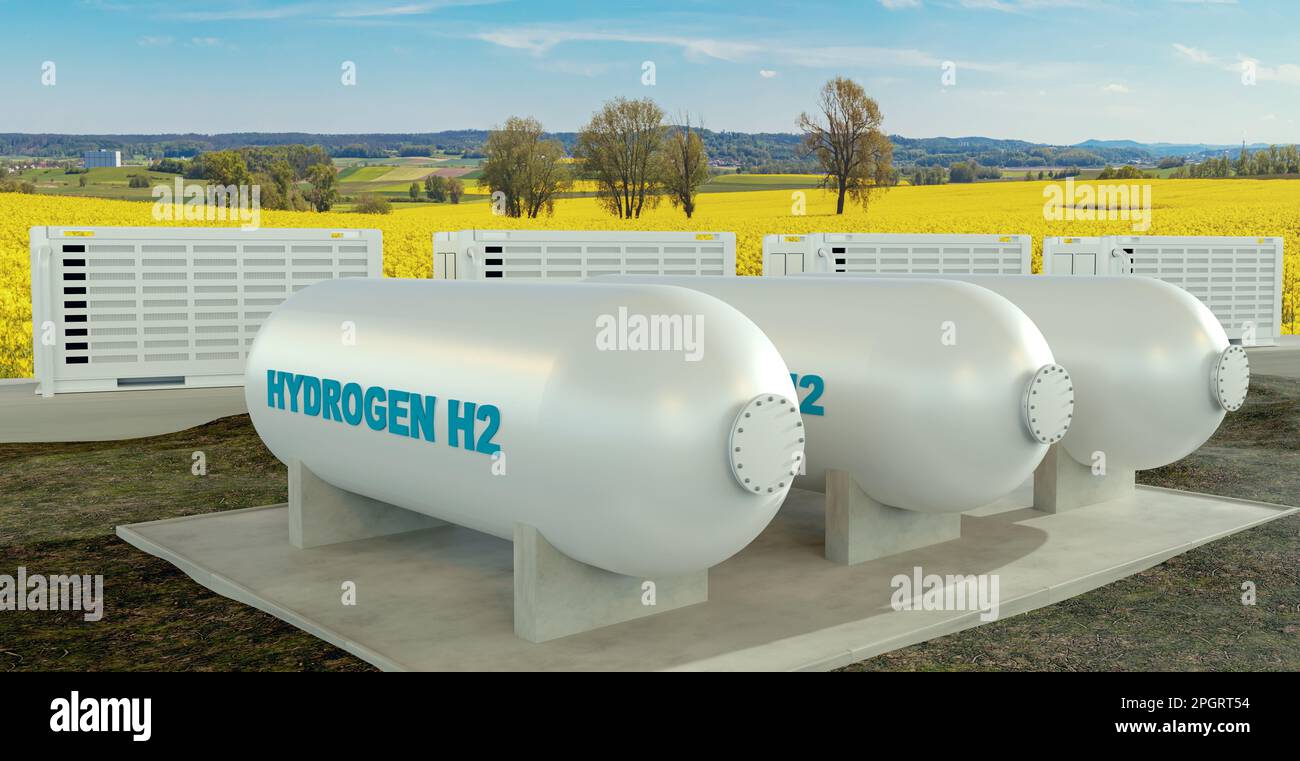 Una moderna unidad de hidrógeno con almacenamiento de baterías en la naturaleza , ilustración de 3D Foto de stock