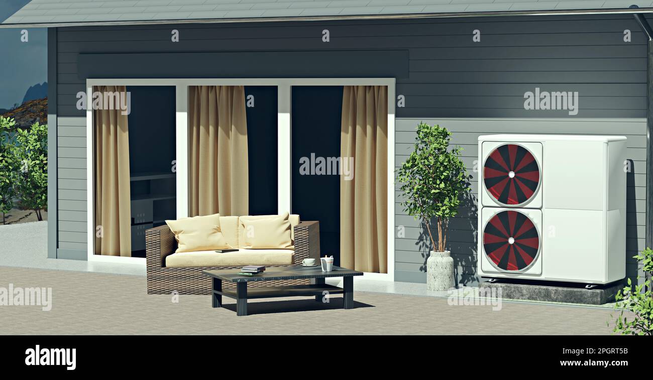Un moderno sistema de calefacción de bomba de calor aire-agua para hogares privados, ilustración 3D Foto de stock