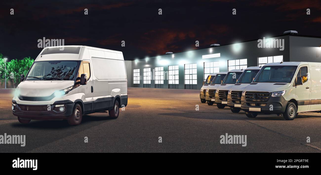 Una imagen panorámica en formato de página web para la flota de carga o concesionario de automóviles, ilustración 3D Foto de stock