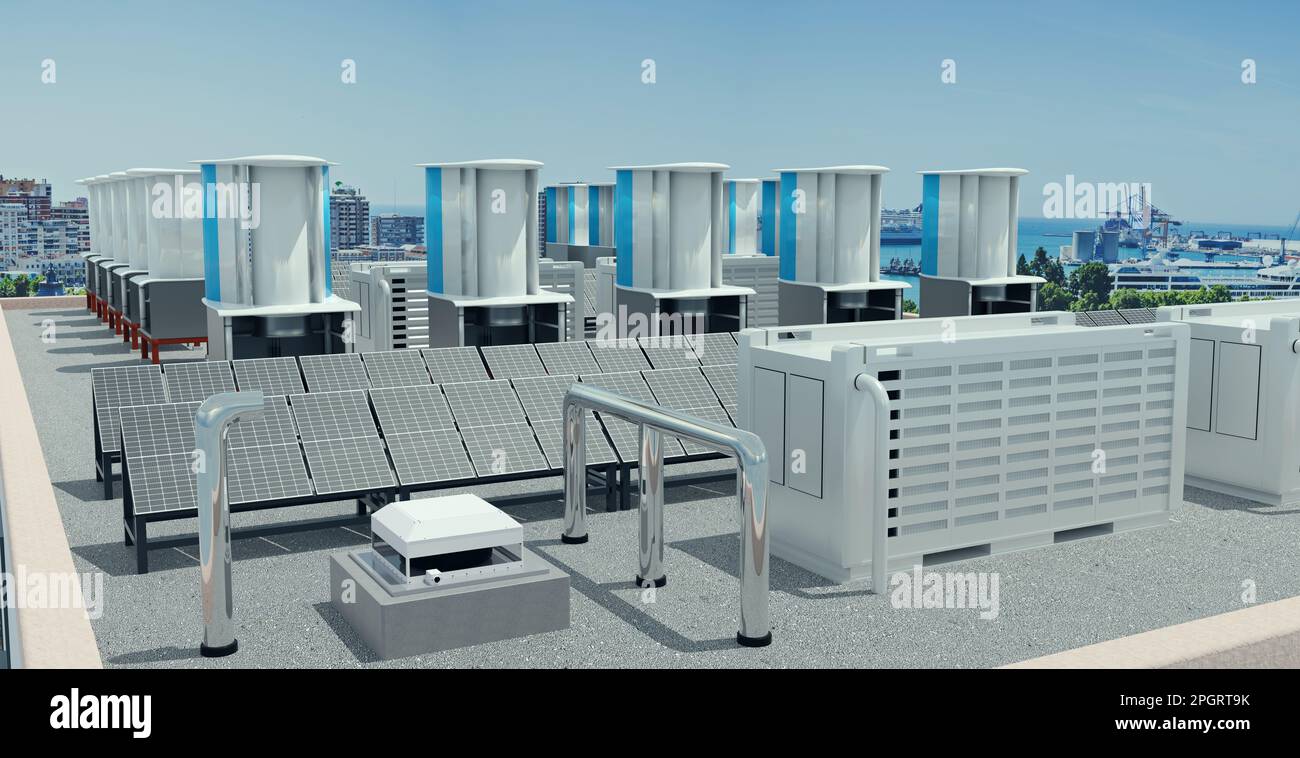 Instalación de paneles de energía solar y turbinas eólicas con almacenamiento de baterías en el techo de un edificio de gran altura, Ilustración 3D Foto de stock