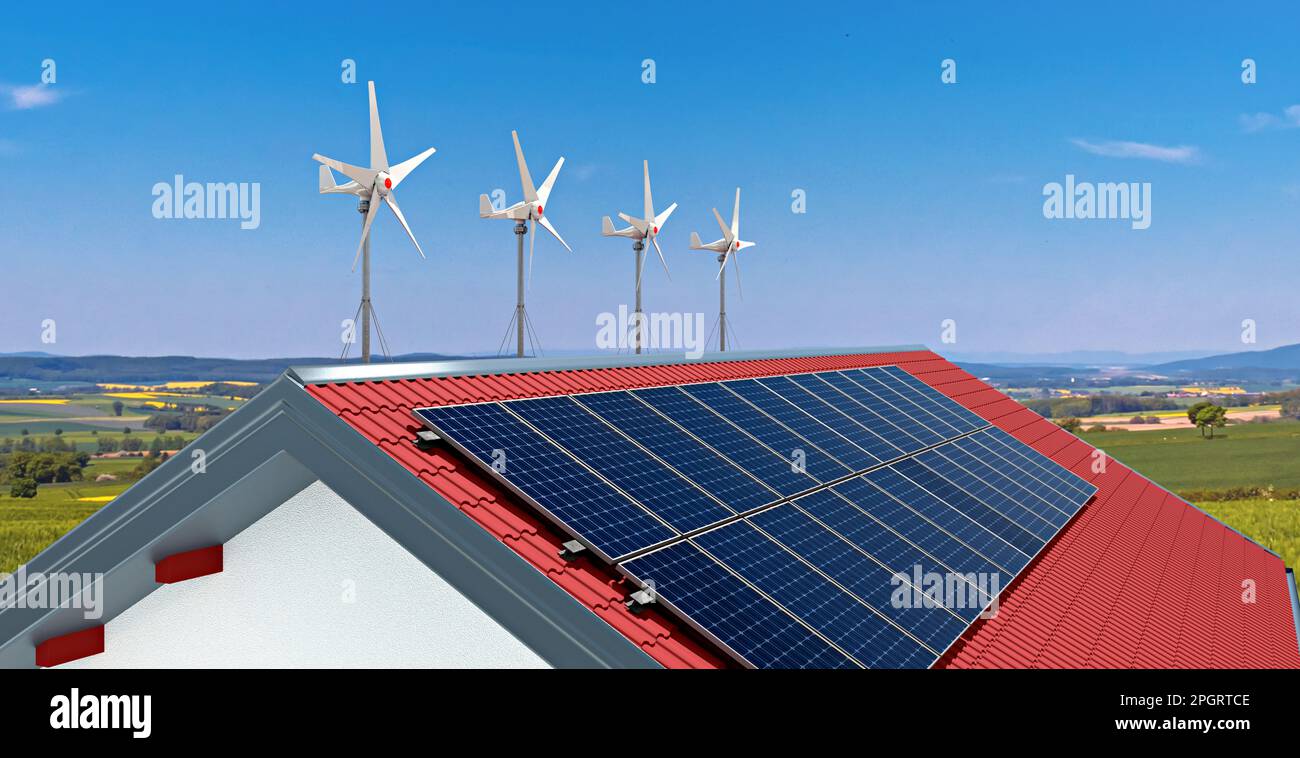 Pequeñas turbinas de viento y paneles de energía solar en el techo de una casa privada, 3D Ilustración Foto de stock