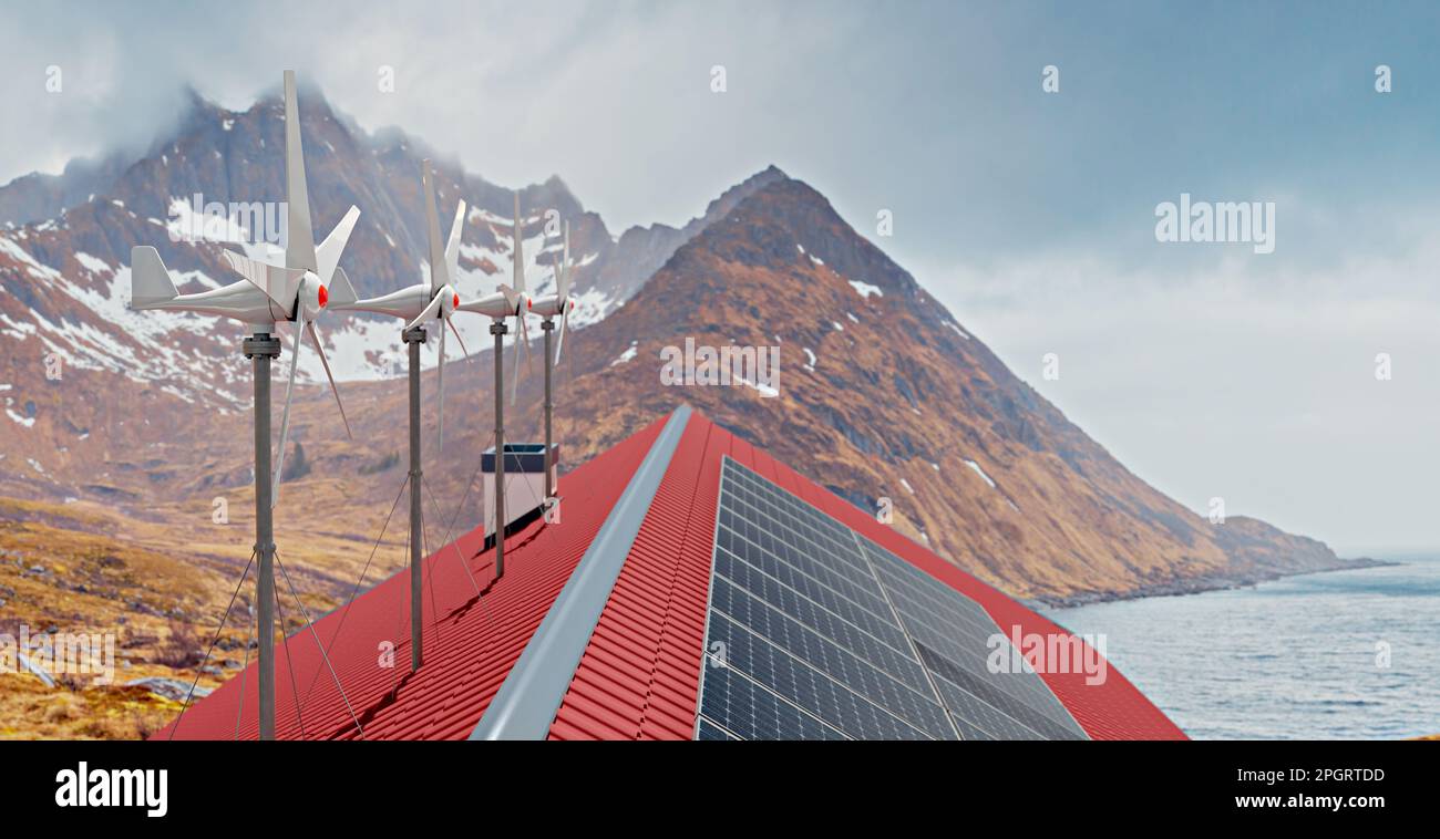Pequeñas turbinas de viento y paneles de energía solar en el techo de una casa privada, 3D Ilustración Foto de stock