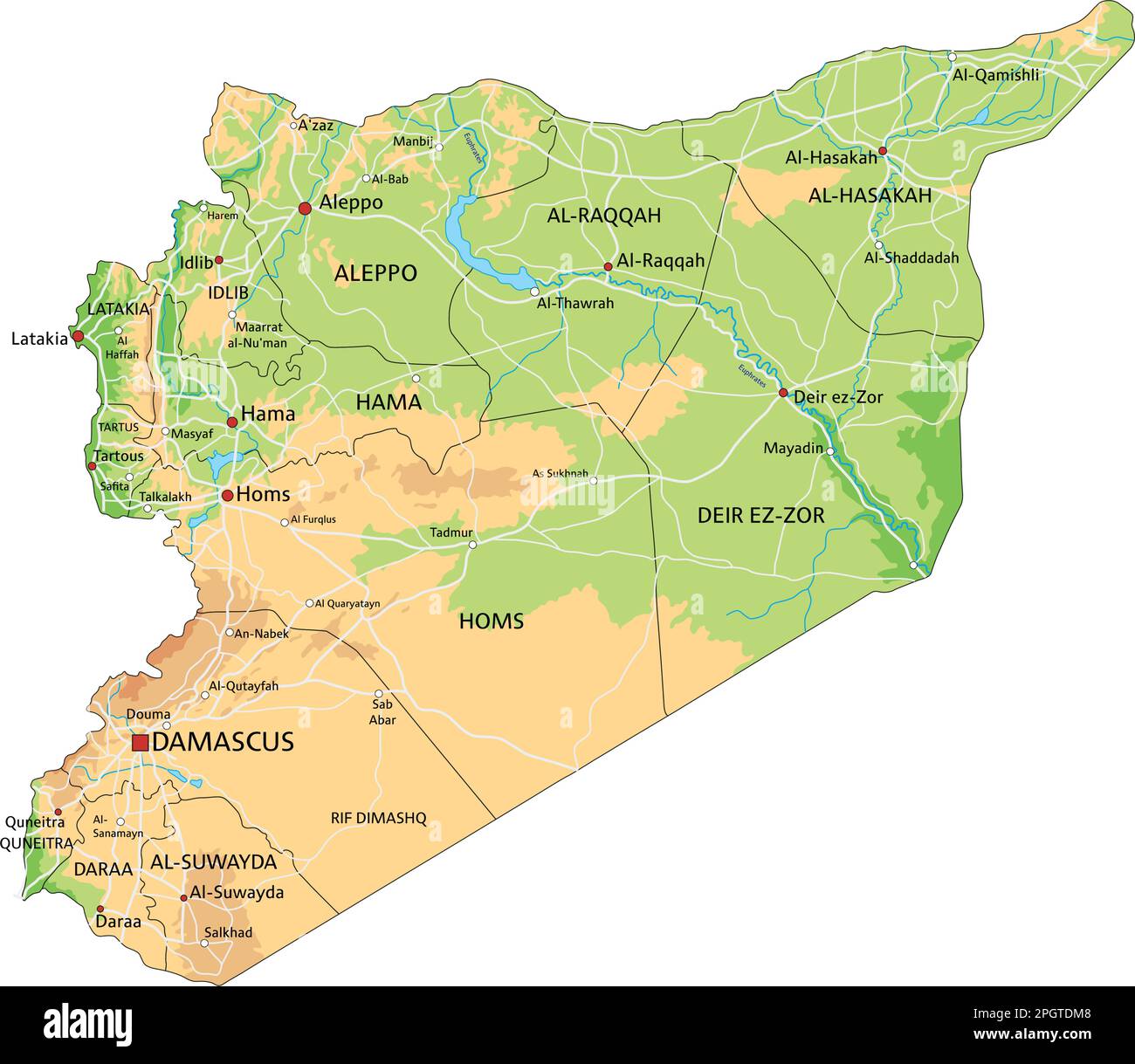 Alto mapa físico detallado de Siria con etiquetado Imagen Vector de ...