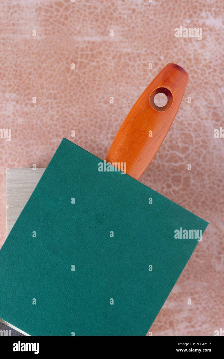 mango de cepillo de pintura de madera clásico y tarjeta de nota en blanco contra un fondo de papel de scrapbook decorativo Foto de stock