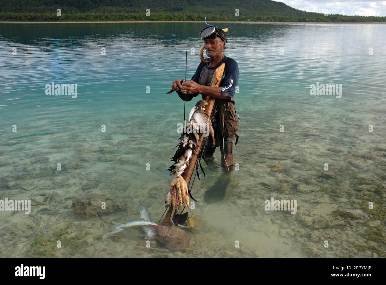 Pescadores submarinos de pie en el mar con capturas de pulpo de arrecife, puercoespines y peces surgeonfish, isla hakautu'utu'u, isla Niuatoputapu, Tonga Foto de stock
