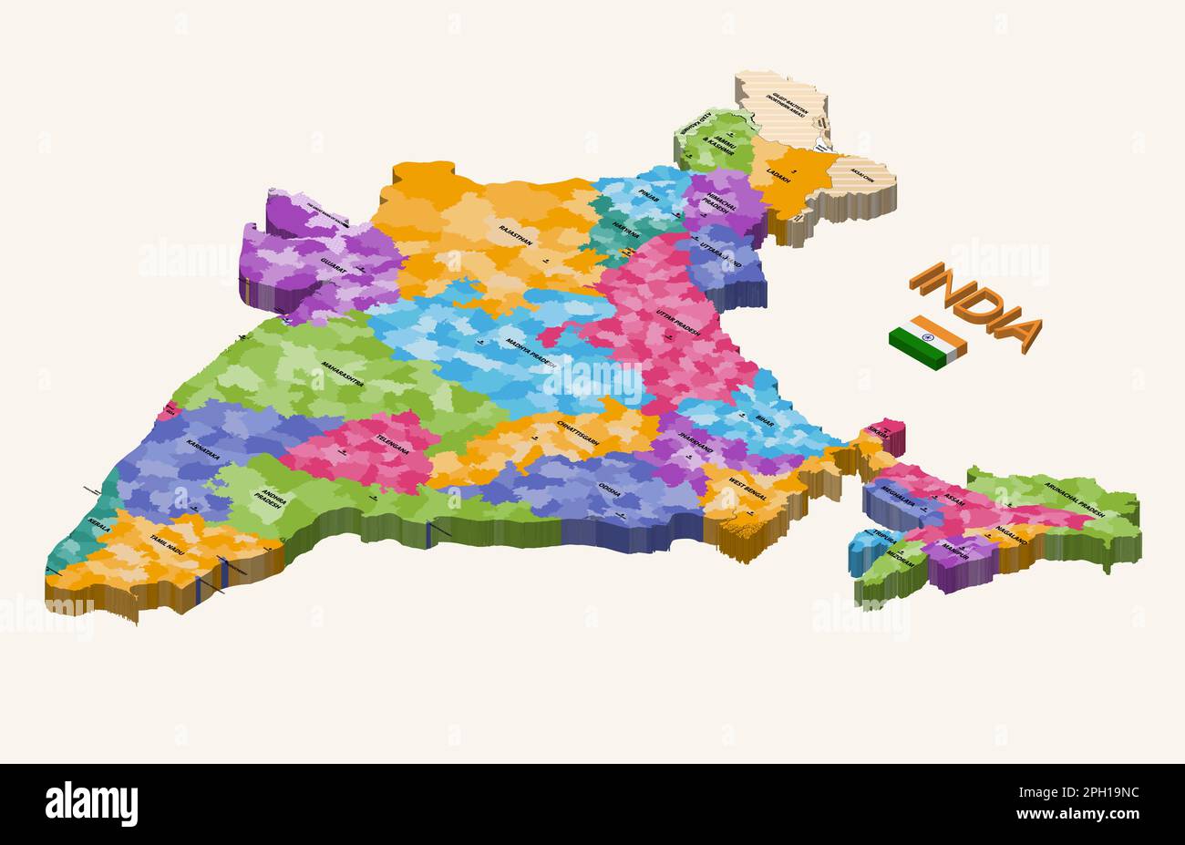 Estados de la India 3D (isométrico) colorido mapa vectorial con las ciudades capitales y la bandera de la India Ilustración del Vector