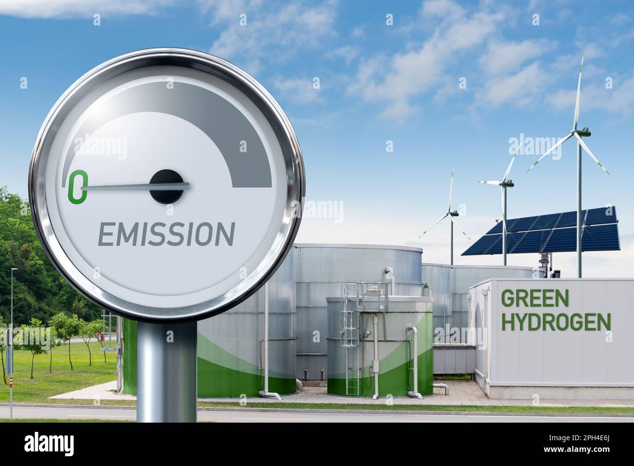 Producción de hidrógeno verde con cero emisiones. Concepto. Foto de alta calidad Foto de stock