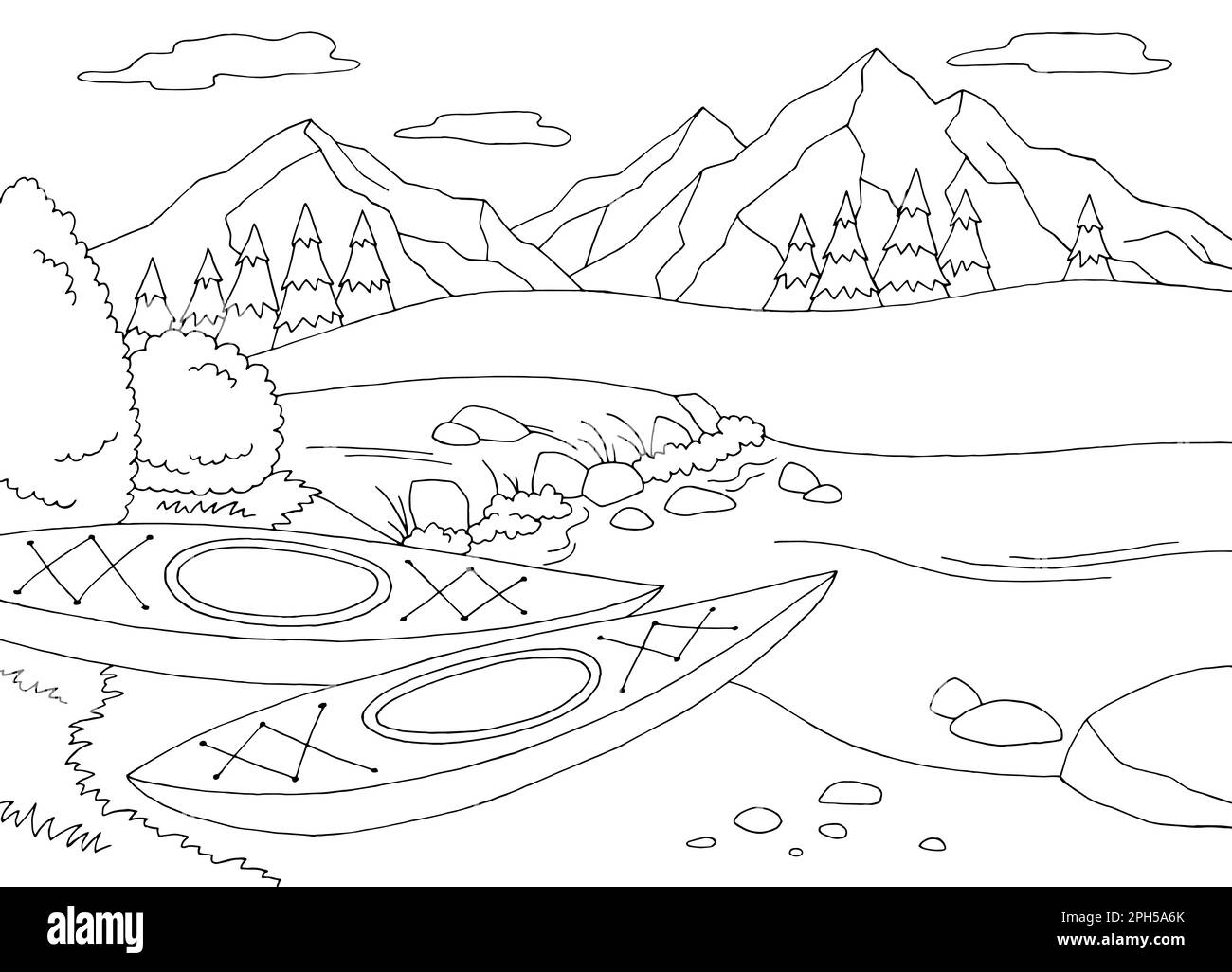 Kayak barco para colorear gráfico paisaje blanco negro ilustración vectorial Ilustración del Vector