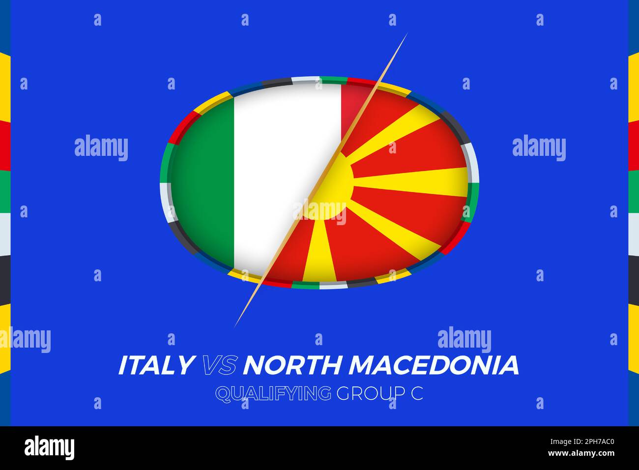 Italia vs Macedonia del Norte icono para la clasificación del torneo de fútbol europeo, grupo C. Icono de competición en el fondo estilizado. Ilustración del Vector