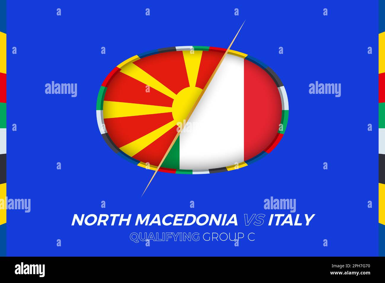 Macedonia del Norte vs Italia icono para la clasificación del torneo de fútbol europeo, grupo C. Icono de competición en el fondo estilizado. Ilustración del Vector
