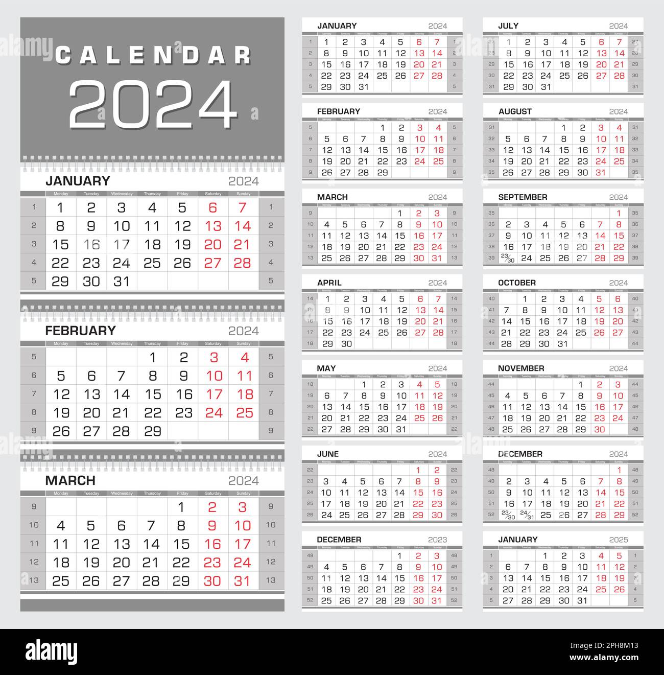Calendario 2024. Calendario trimestral de pared con números de semana