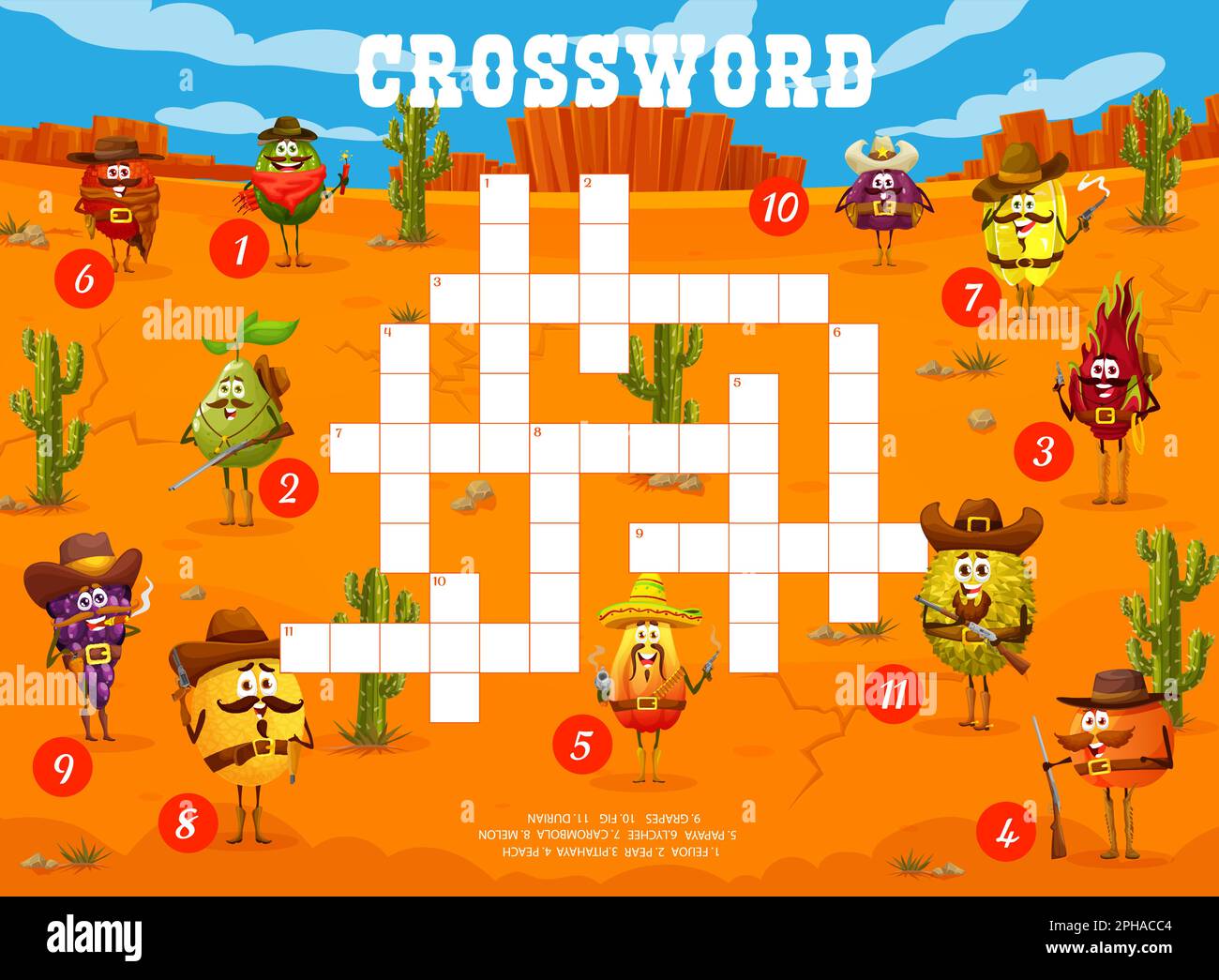 Crucigrama juego de quiz, vaquero occidental de dibujos animados