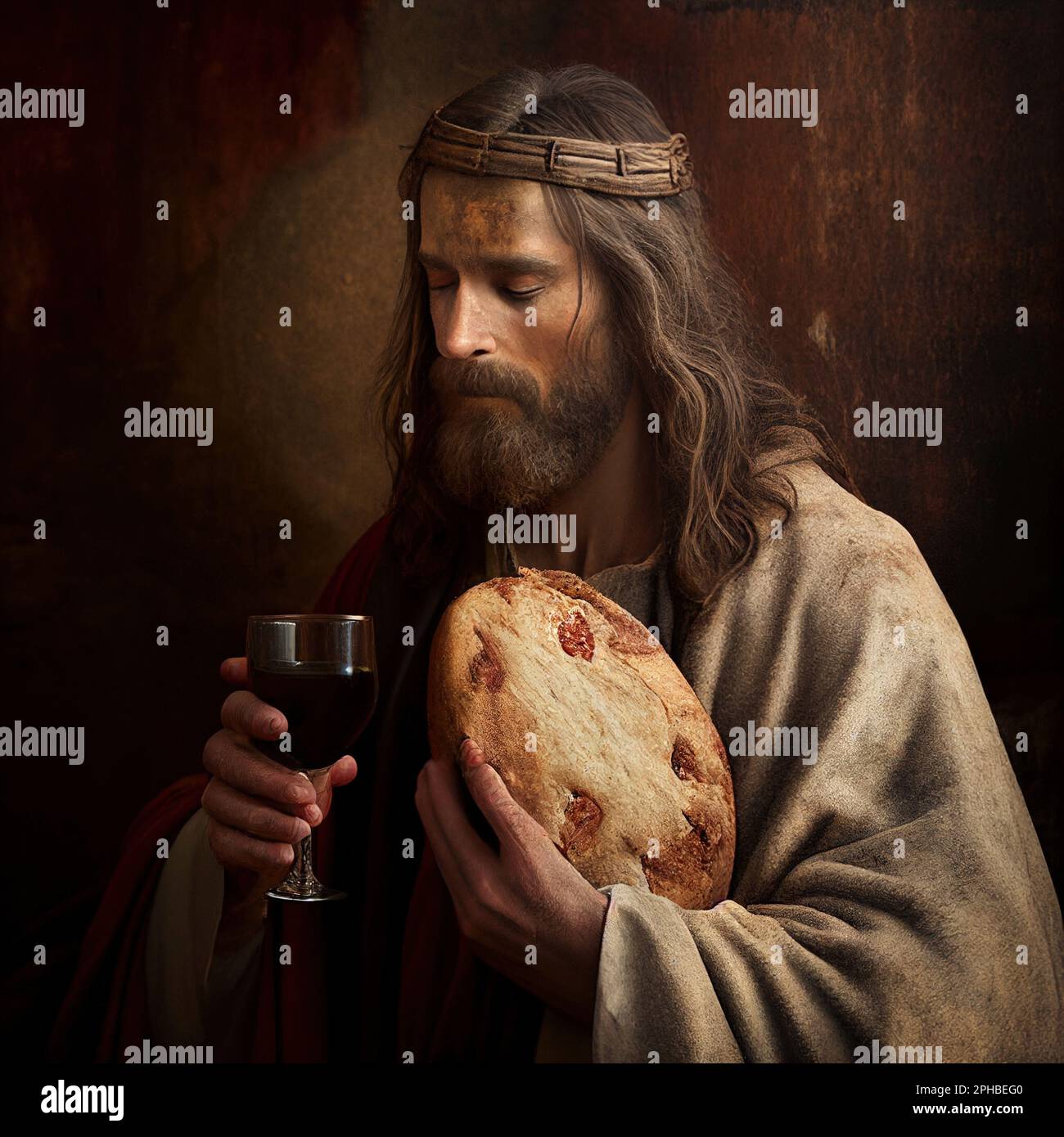 imagen pacífica de jesús con pan y vino Fotografía de stock - Alamy