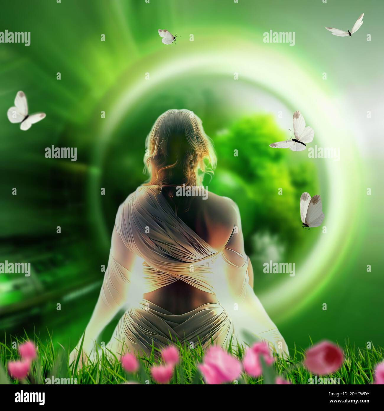 (Meditación) Imagen conceptual de una mujer vista desde atrás que está