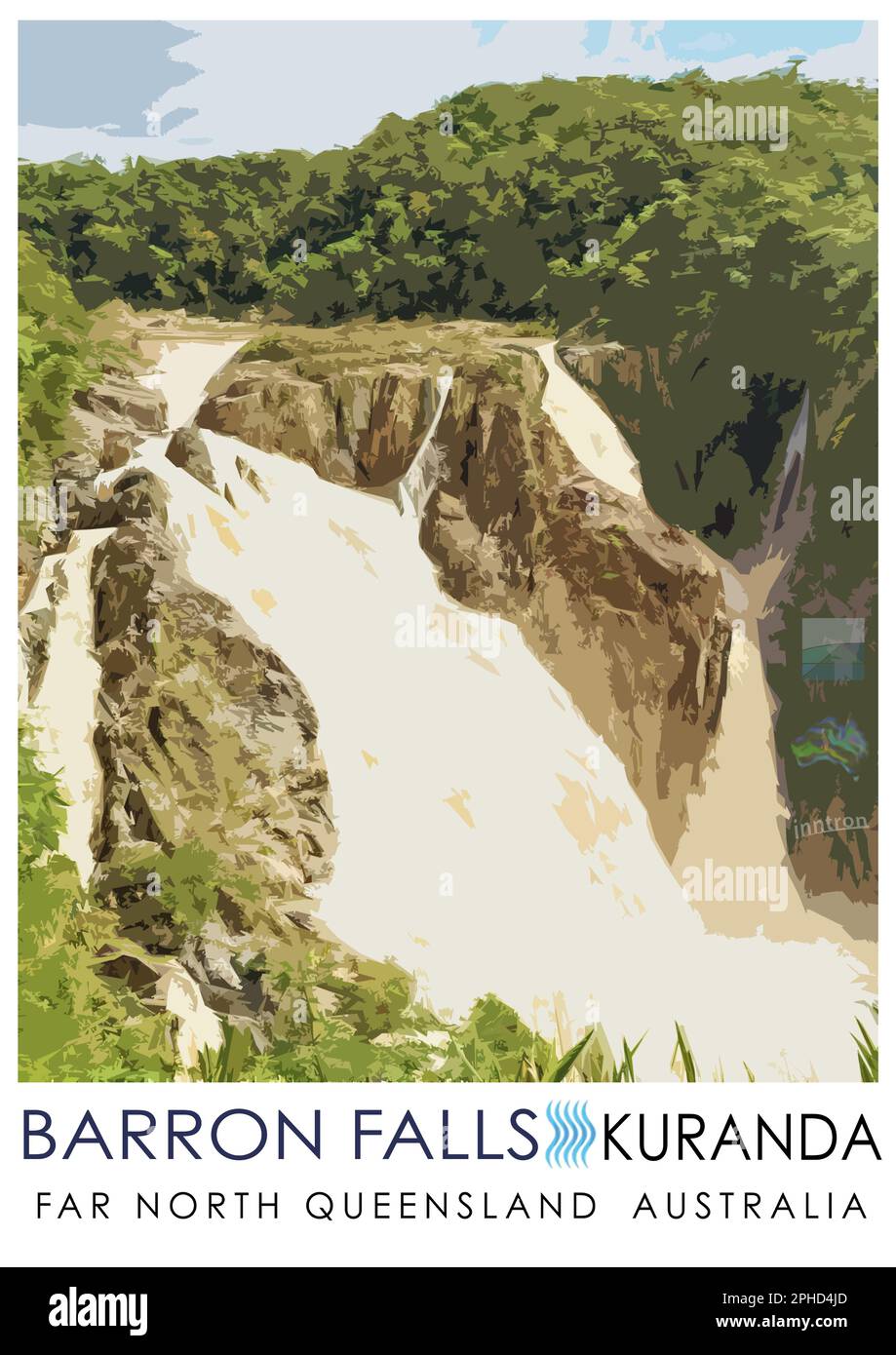 Cartel de cascada #3 ilustración con texto basado en la foto de Barron River Falls en pleno flujo como parte de una región de Cairns persiguiendo cascadas set Foto de stock
